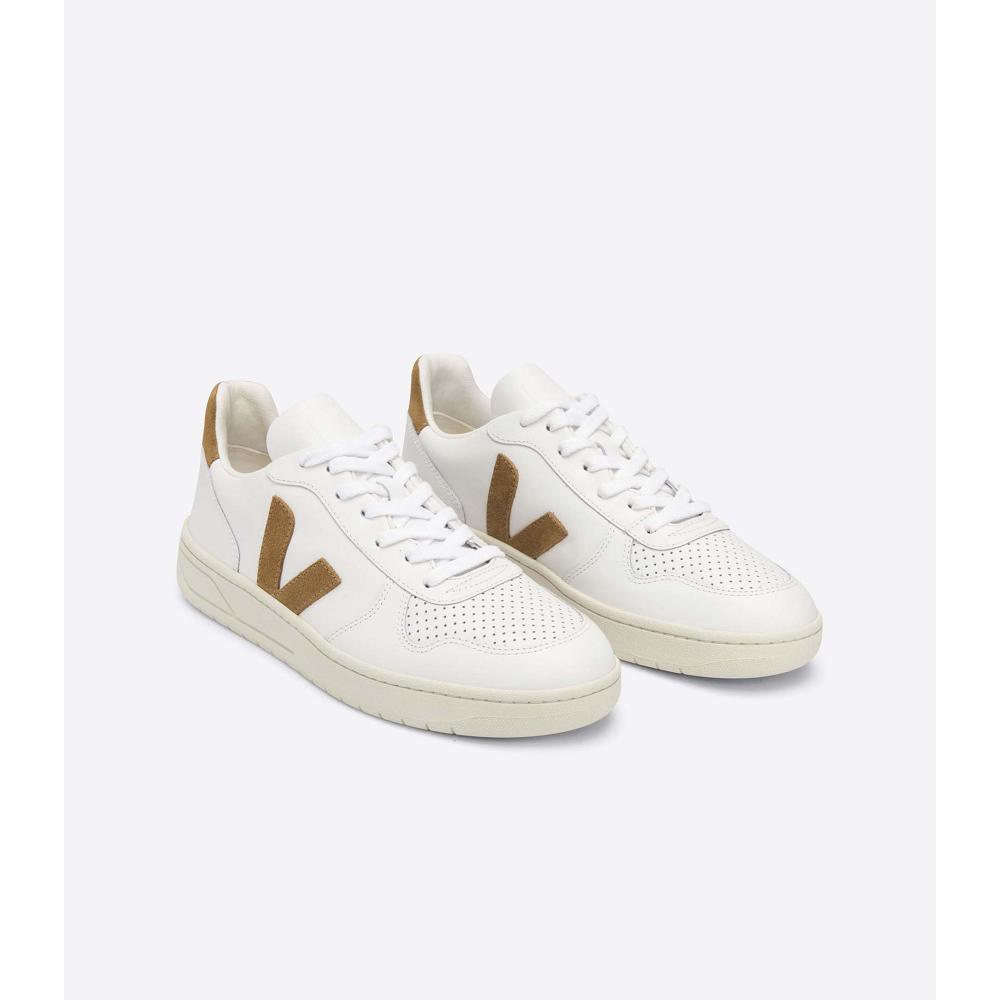 Veja V-10 LEATHER Men's Sneakers White/Brown | NZ 329CTV